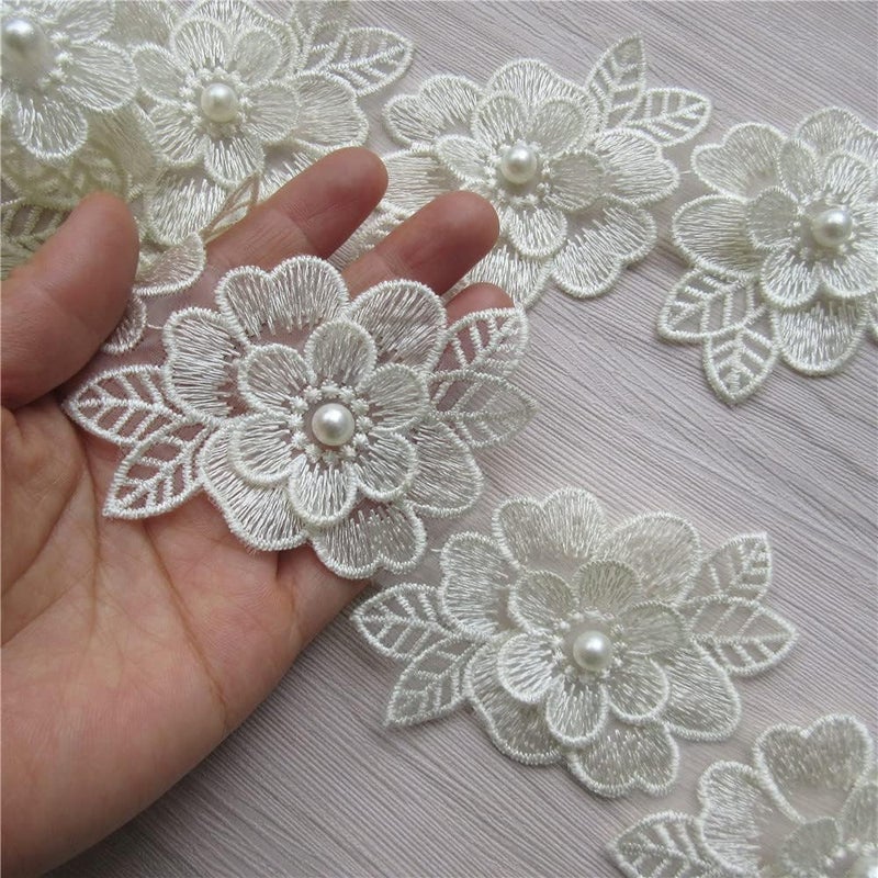 SHBBON 2 Yards 3D Flower Lace Trim Pearl Embroidered Polyester Lace Ribbon Fabric Applique Patchwork for Wedding Dress Handmade DIY Sewing Craft Supplies Decoration (Beige) - Image 2